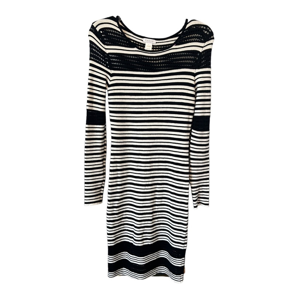 Cache Women's Bodycon Striped Dress Sz M Black White Crochet Chest Sleeves Chic